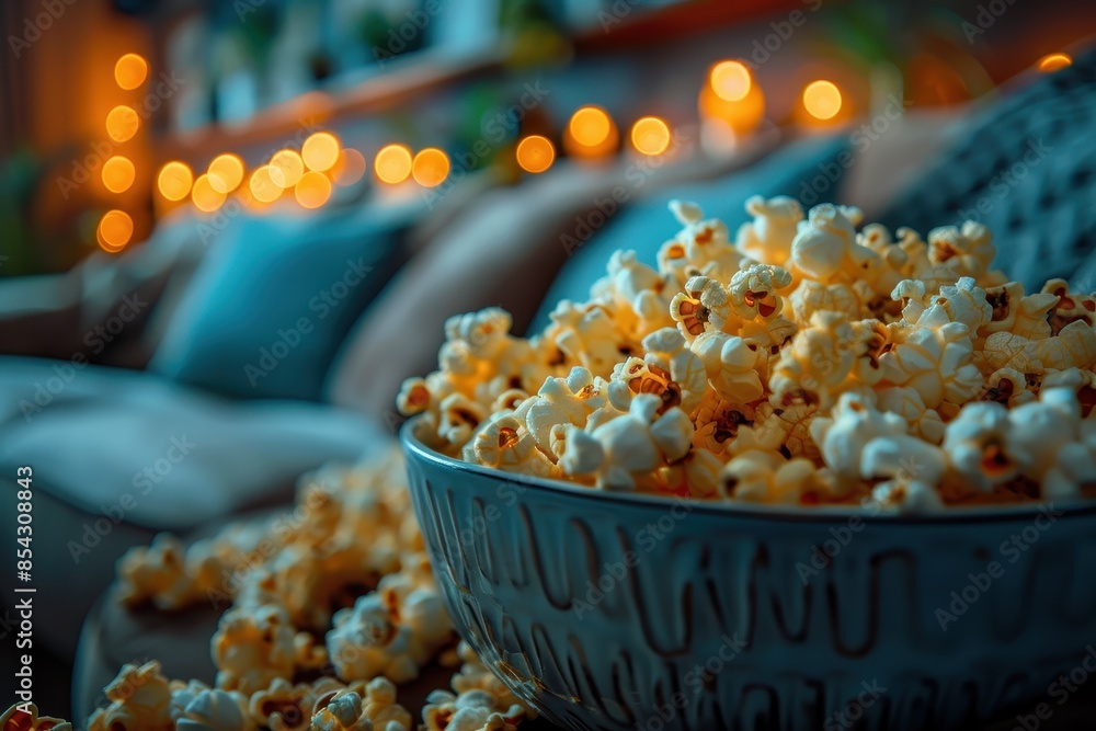 Popcorn in a blue bowl against a backdrop of cozy home interior with warm lighting and bokeh Popcorn in a blue bowl against a backdrop of cozy home interior with warm lighting and bokeh