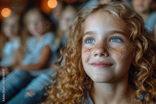 Young girl with curly hair and freckles sitting in an audience, looking off to the side