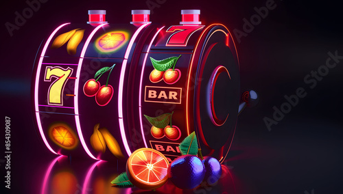 Vibrant slot machines with colorful fruits and golden numbers, display the excitement of gambling in online gambling games. Online casinos symbolize luck, gambling, and success.