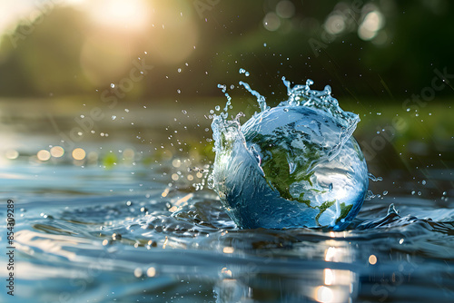 A globe made of water, floating with splashes around it, symbolizing water conservation and global environmental protection. Image representing Earth, globe, ecology, nature, and saving water.