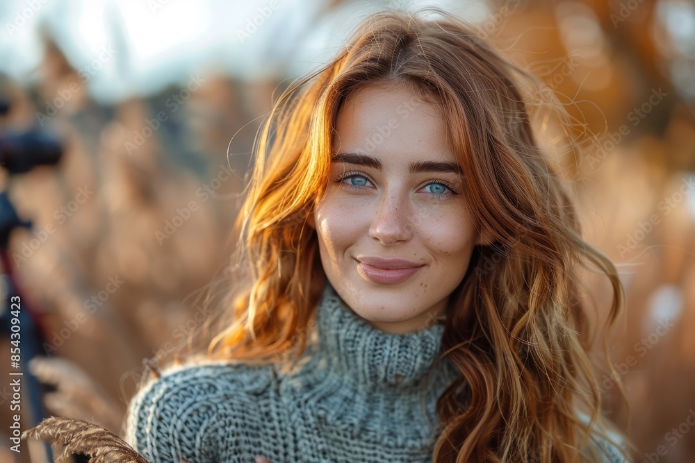 A beautiful woman with flowing curly hair smiling warmly during the golden hour with a natural backdrop A beautiful woman with flowing curly hair smiling warmly during the golden hour with a natural backdrop