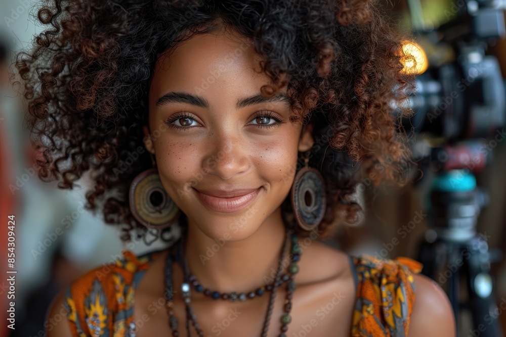 A joyful African-descent woman with curly hair in a colorful outfit smiling and standing near film equipment A joyful African-descent woman with curly hair in a colorful outfit smiling and standing near film equipment