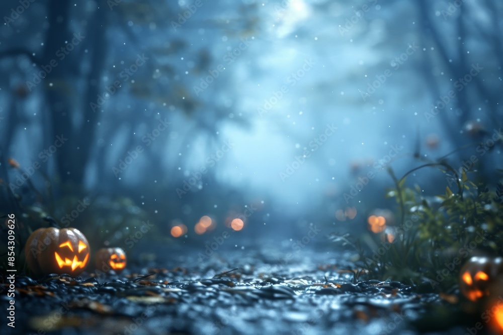 A spooky forest with mist and shadowy figures, glowing jack-o'-lanterns along a path, deep blue and black tones A spooky forest with mist and shadowy figures, glowing jack-o'-lanterns along a path, deep blue and black tones