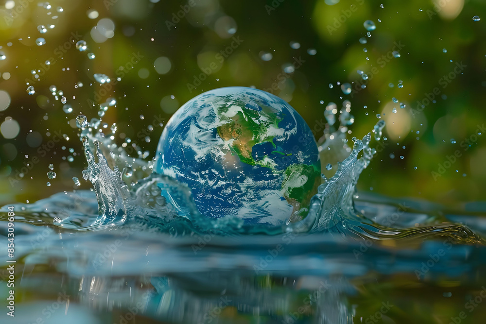 A globe made of water, floating with splashes around it, symbolizing water conservation and global environmental protection. Image representing Earth, globe, ecology, nature, and saving water. A globe made of water, floating with splashes around it, symbolizing water conservation and global environmental protection. Image representing Earth, globe, ecology, nature, and saving water.