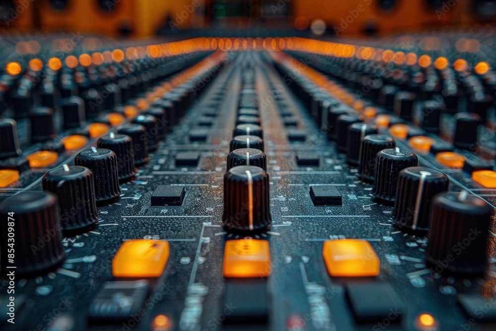 Macro image showing the detailed controls of an intricate mixing console with numerous knobs and sliders Macro image showing the detailed controls of an intricate mixing console with numerous knobs and sliders