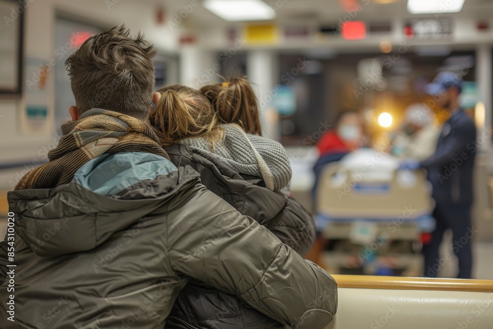 A man and woman are hugging in a hospital hallway A man and woman are hugging in a hospital hallway
