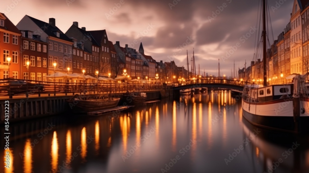 Fototapeta premium beautiful view at the water's edge at dusk with reflections in the water. There are several boats docked along the side, and rows of traditional buildings