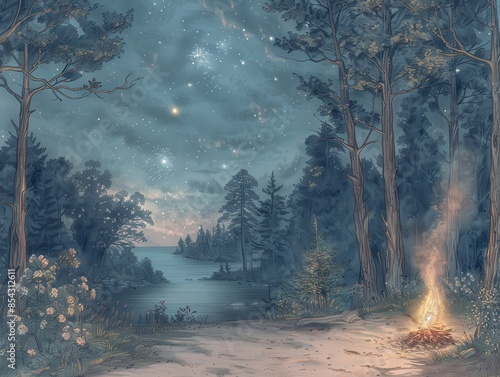 A 2D drawing of a forest clearing at night smoke drifting from a campfire and a detailed background of a starfilled sky photo