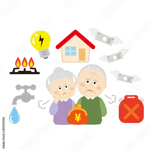 値上げに困ってため息をつく高齢の夫婦のイラスト