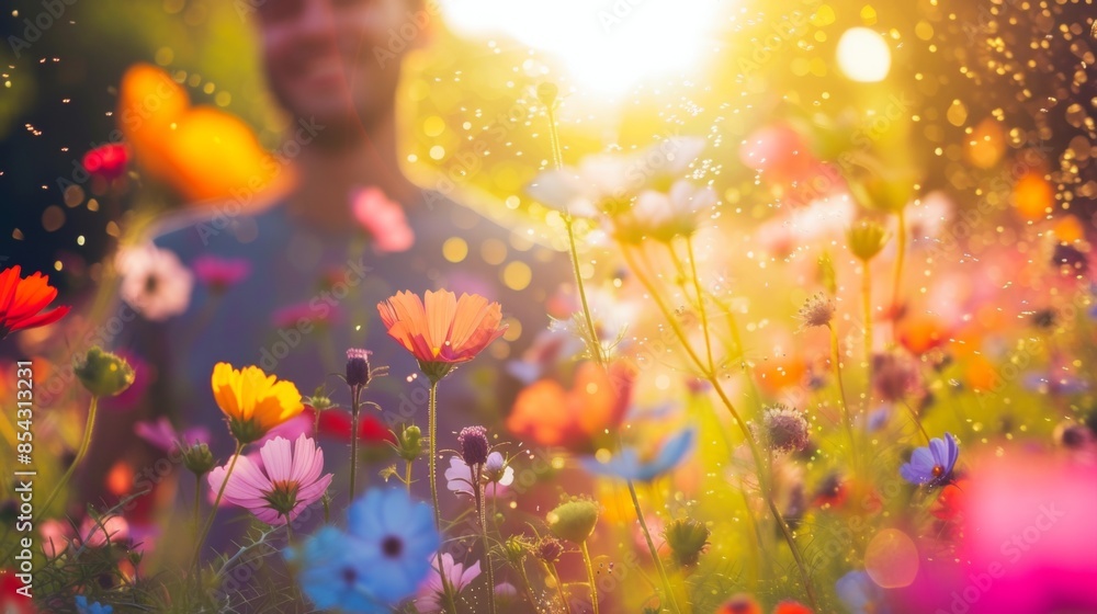 A smiling female enjoy outdoors in spring field with plant flower grass in allergy season A smiling female enjoy outdoors in spring field with plant flower grass in allergy season