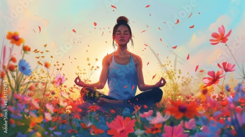 Wallpaper Mural A person doing yoga in spring field full of grass and flower. Seasonal allergy vector illustration clip art Torontodigital.ca