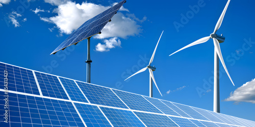 Fontes de energia renovável com turbinas eólicas e painéis solares