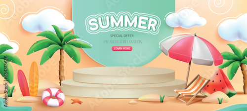 Summer banner with podium. Special offer promotional background with stage for product presentation. Poster with beach, palm trees, watermelon, umbrella and sun lounger. Cartoon 3D vector illustration