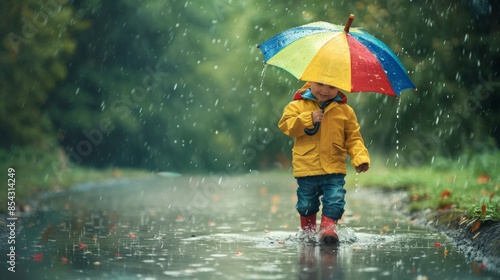 Little child in rain coat with umbrella playing in rain outdoors