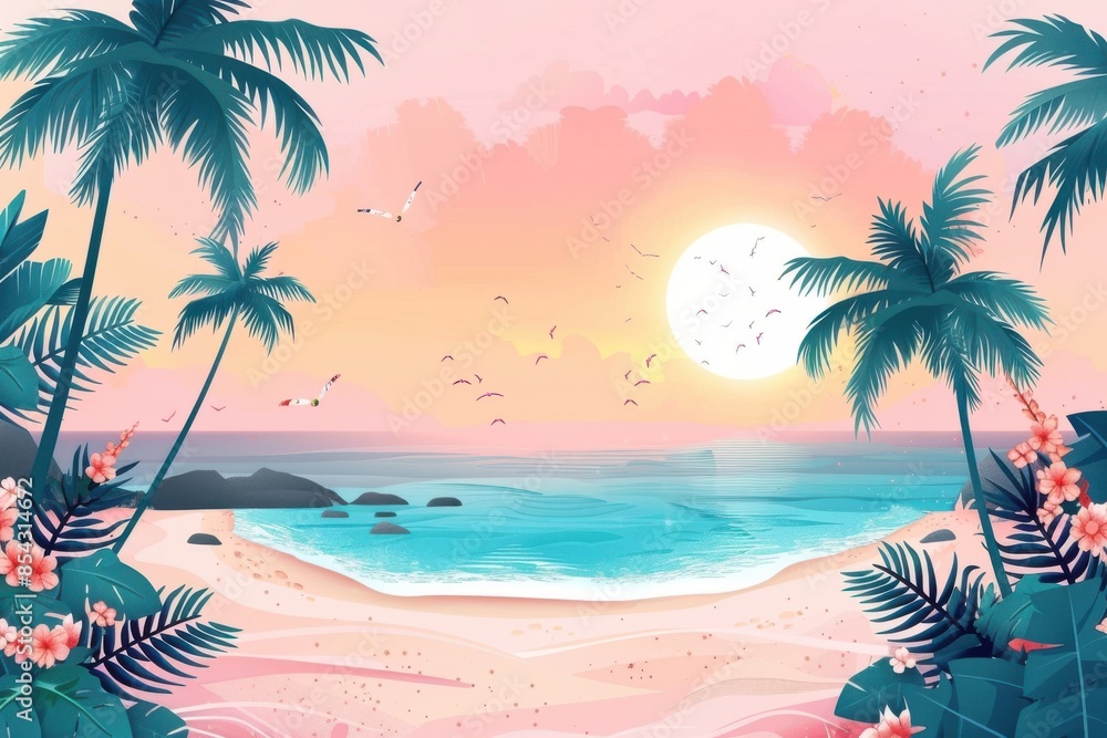 Obraz premium A beach scene with an orange umbrella and two orange starfish