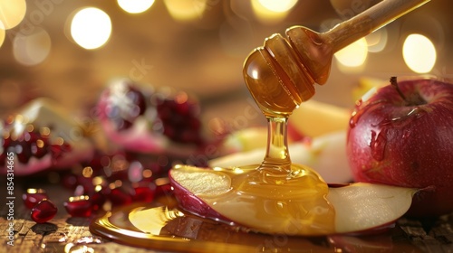 Pouring honey on apple and pomegranate with honey photo
