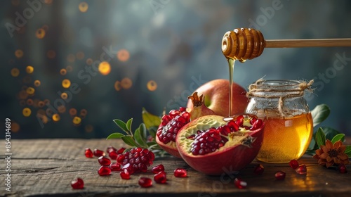 Pouring honey on apple and pomegranate with honey