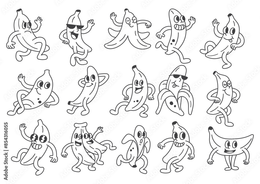 Set of Banana Groovy Cartoon Doodle Line Art Set of Banana Groovy Cartoon Doodle Line Art