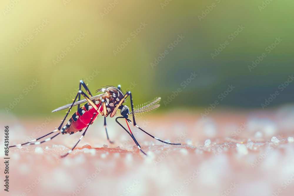 Fototapeta premium Dengue hemorrhagic fever, aedes mosquito sucking human blood on skin.