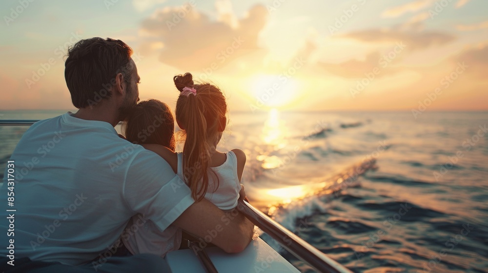 Fototapeta premium A happy family watching sunset together on deck of yacht.