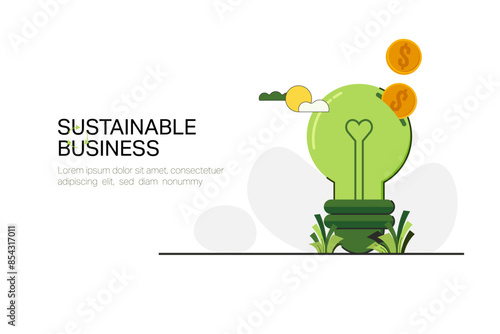 Sustainable Business. Light Bulb with Dollar coins. Circular Economy and  ESG concept. Green Energy, Ecology and environment development. Flat Vector illustration.