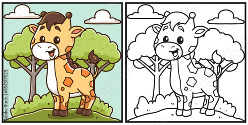 Line and color cute giraffe vector illustration coloring book