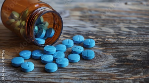 Blue generic pills for erectile dysfunction in a bottle on wooden background with space for text photo