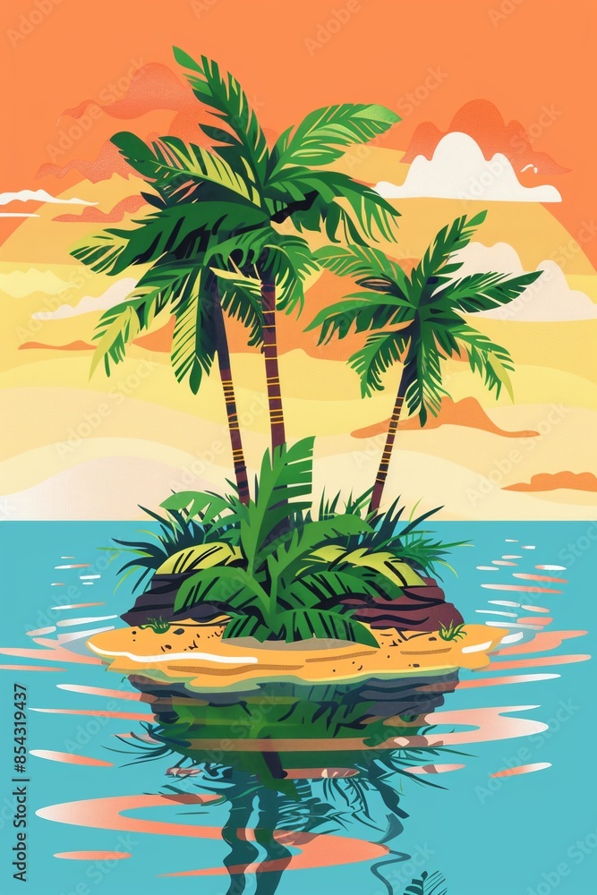 Obraz premium Vector illustration of beautiful scenic landscape of tropical sea island with palm tree