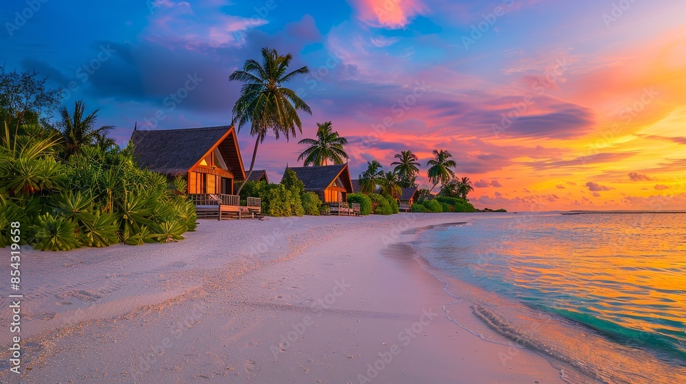 Fototapeta premium Beautiful luxury tropical vacation resort with palm tree and houses