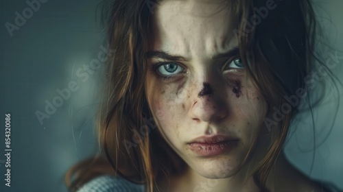 portrait of battered woman with black eye sad and depressed victim of domestic violence social issues concept