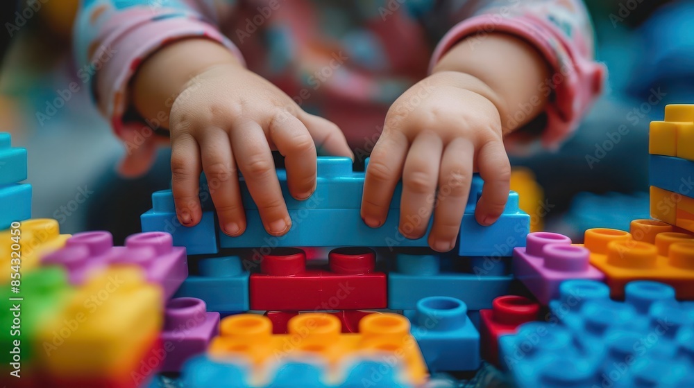 preschool child hands playing with colorful plastic building blocks early education preschool child hands playing with colorful plastic building blocks early education