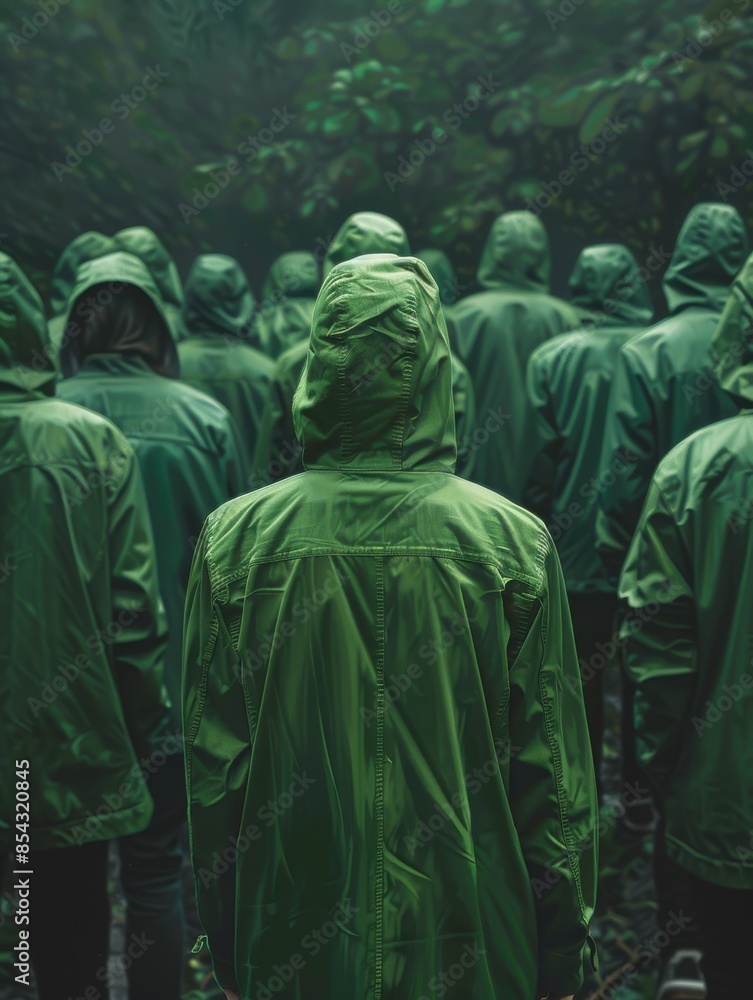 People wearing green raincoat in the middle of the forest People wearing green raincoat in the middle of the forest