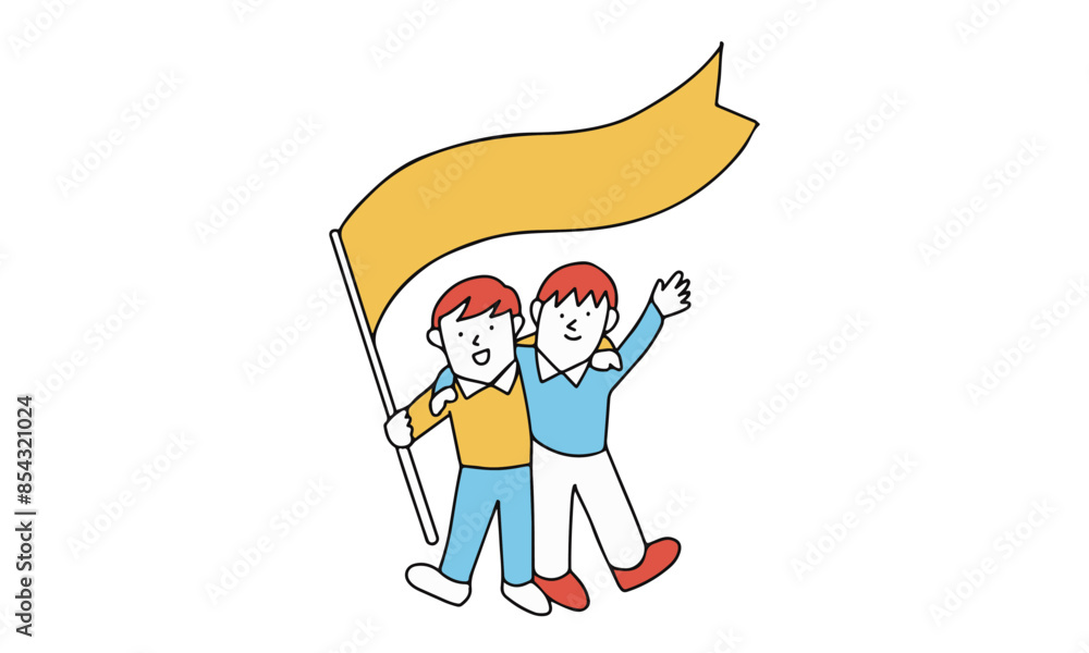 旗を持っている男の子 肩を組む二人 旗を持っている男の子 肩を組む二人
