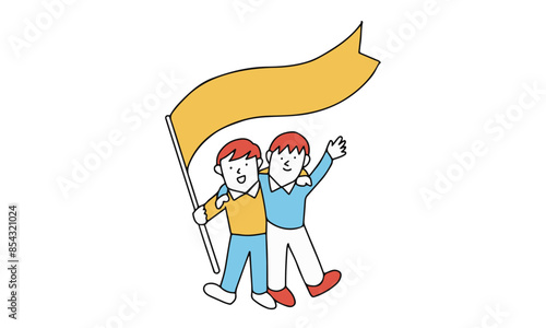 旗を持っている男の子　肩を組む二人