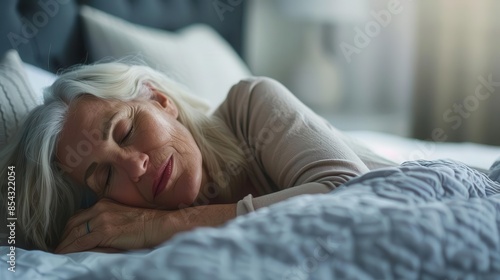 restful repose mature woman sleeping peacefully in bed lifestyle photography