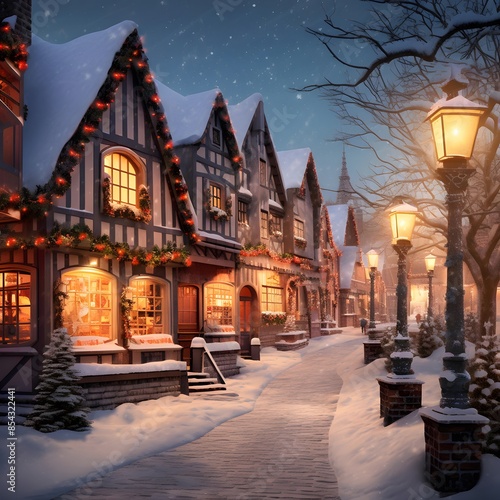 Winter night in the old town. Christmas and New Year concept. © Iman