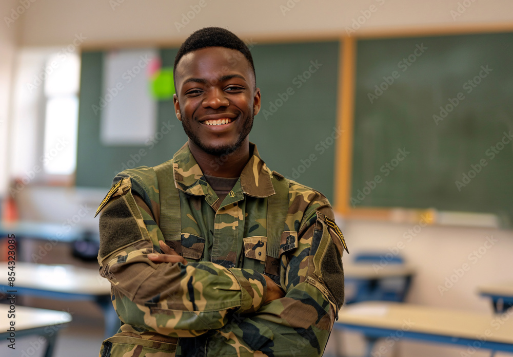 Smiling Black male soldier in camouflage uniform in office setting Smiling Black male soldier in camouflage uniform in office setting