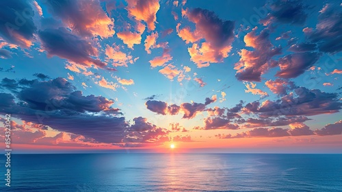 Sunsets Embrace A vibrant sunset over a calm blue ocean, dramatic clouds painting the sky in a spectacle of color, a visual representation of natures beauty