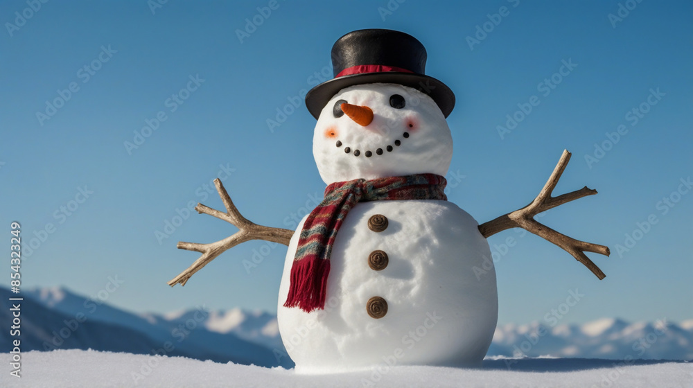 Fototapeta premium Snowman with hat and scarf
