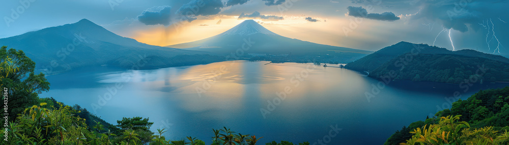 Majestic Sunrise Over Lake and Volcanoes A Stunning Panorama of Nature s Beauty and Serenity Captured in Vibrant Colors, Emphasizing the Magnificent Landscape and Tranquil Atmosphere Majestic Sunrise Over Lake and Volcanoes A Stunning Panorama of Nature s Beauty and Serenity Captured in Vibrant Colors, Emphasizing the Magnificent Landscape and Tranquil Atmosphere