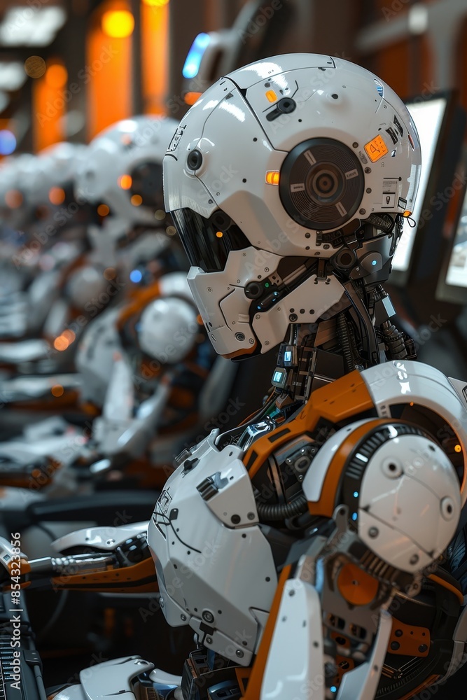 Fototapeta premium Futuristic Office Scene: AI Robots Intensely Working on Computers, One Staring at Camera