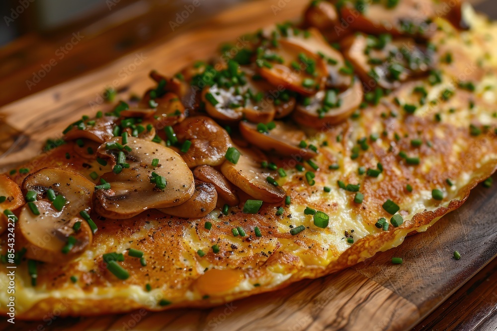 A plate of omelette food with mushrooms and parsley on top of a wooden board A plate of omelette food with mushrooms and parsley on top of a wooden board