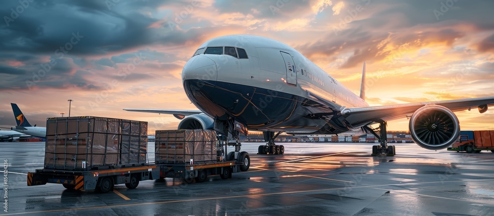 Loading of Air Cargo Containers onto Modern Freight Jet for Aircraft Transport Preparation at Airport Loading of Air Cargo Containers onto Modern Freight Jet for Aircraft Transport Preparation at Airport