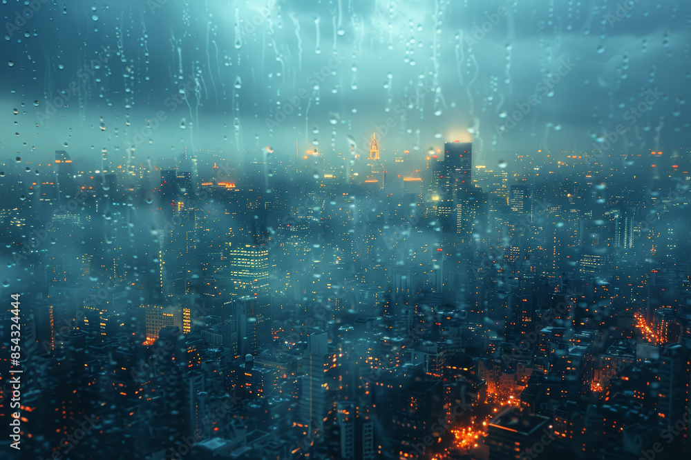 Fototapeta premium A city skyline obscured by heavy rain and low-hanging clouds. Concept of urban atmosphere and the impact of weather. Generative Ai.