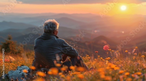 Serene Sunset Watching - Mature Man Embracing Tranquility on Hilltop © Sunshine