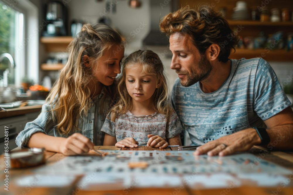A family sitting around a kitchen table discussing household finances. Concept of family budgeting and financial transparency. Generative Ai. A family sitting around a kitchen table discussing household finances. Concept of family budgeting and financial transparency. Generative Ai.