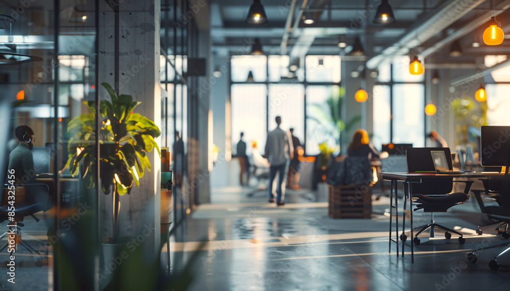 Fototapeta premium Modern office interior with busy professionals and diverse team working