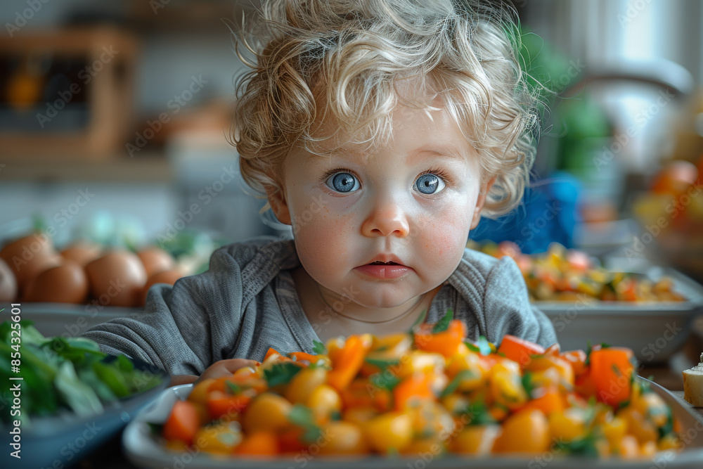 A toddler eagerly exploring the textures of different foods. Concept of sensory exploration and mealtime learning. Generative Ai. A toddler eagerly exploring the textures of different foods. Concept of sensory exploration and mealtime learning. Generative Ai.