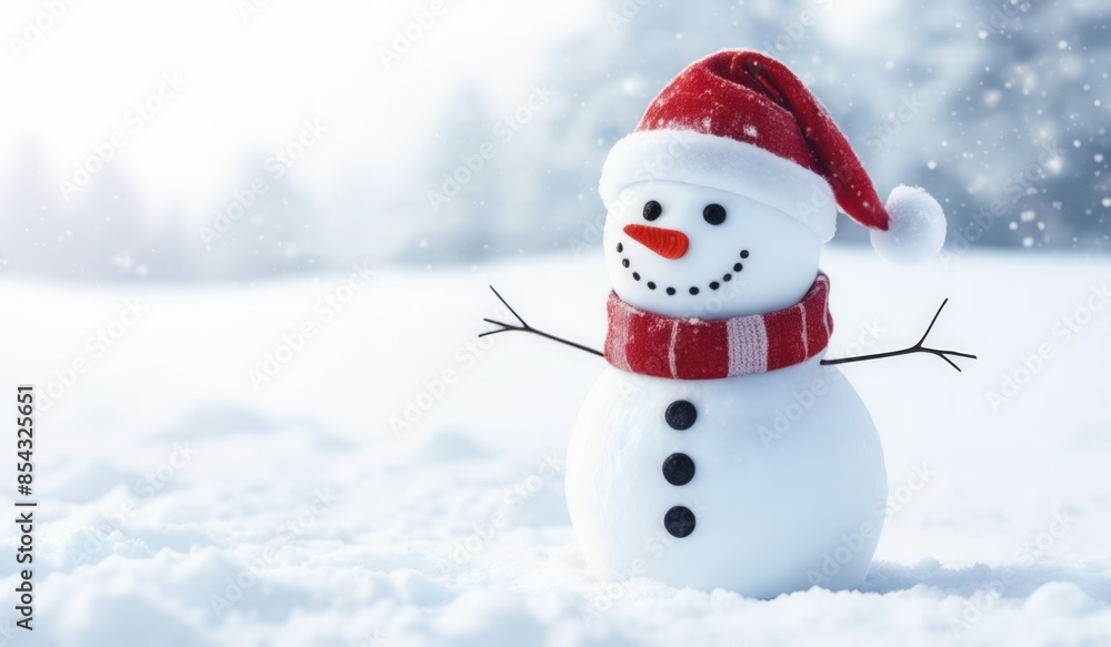 Fototapeta premium snowman with red hat and red scarf