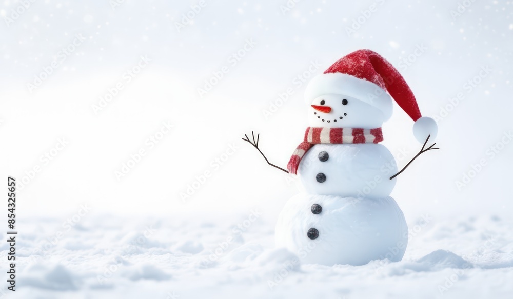 Fototapeta premium snowman with red hat and red scarf
